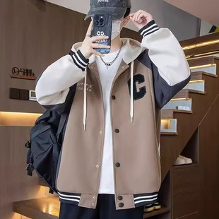 Teen baseball uniform jacket men's spring and autumn loose casual jacket trendy handsome boys hooded plush sweatshirt