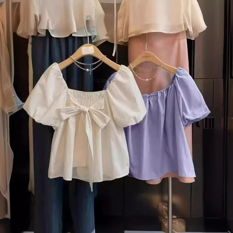 Backless Bow Short-sleeved Shirt for Women Summer Sweet Age-reducing Puff Sleeve Babydoll Shirt Chic Loose Square Collar Top