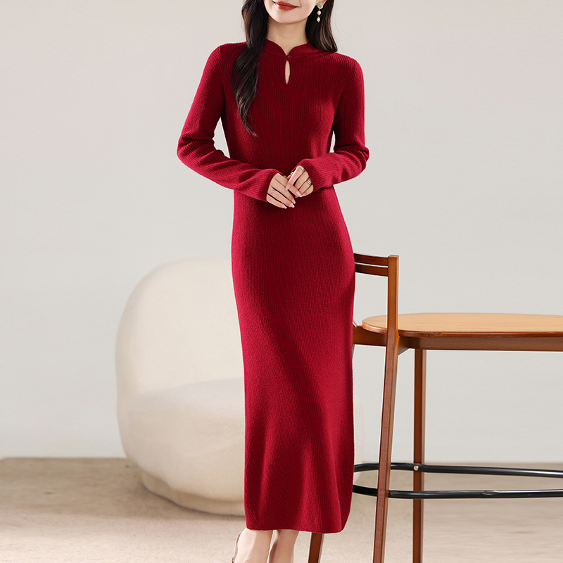 New Chinese-style Republic Of China-inspired 2024 Autumn Knitted Improved Cheongsam Dress With High-end Waist-cinching_voghion.com