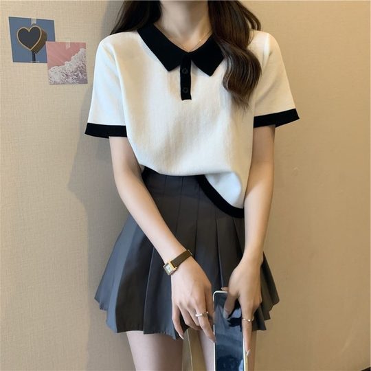 Women's Large Size Women's Shoulder Polo Collar Short-sleeved T-shirt Women's Summer Slimming Contrast Color Short Casual Top for Chubby Girls Ins Trendy