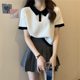 Women's Large Size Women's Shoulder Polo Collar Short-sleeved T-shirt Women's Summer Slimming Contrast Color Short Casual Top for Chubby Girls Ins Trendy