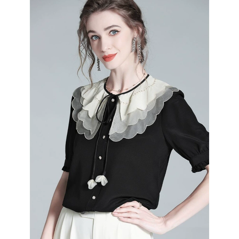 Модная женская рубашка с круглым вырезом, лето 2025, уникальный шикарный топ с короткими рукавами и кукольным воротником, стильная рубашка с галстуком, уменьшающая возраст