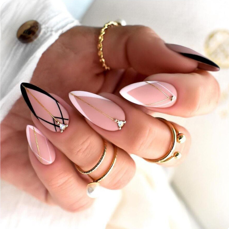 Cross-Border Hot-Selling Diamond-Encrusted Wearable Almond Nails, Nude Pink Black and White Gold Geometric Manicure, 24-Piece Nail Patches Cross-Border Hot-Selling Diamond-Encrusted Wearable Almond Nails, Nude Pink Black and White Gold Geometric Manicure, 24-Piece Nail Patches
