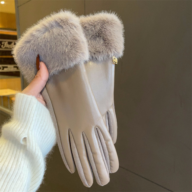 Xiaoxiangfeng premium sense microfiber leather mink hair mouth gloves suede winter velvet thickened cycling warm gloves_voghion.com