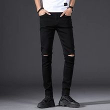 高端高品质修身韩版春季黑色破洞牛仔裤男小脚长裤一件代发