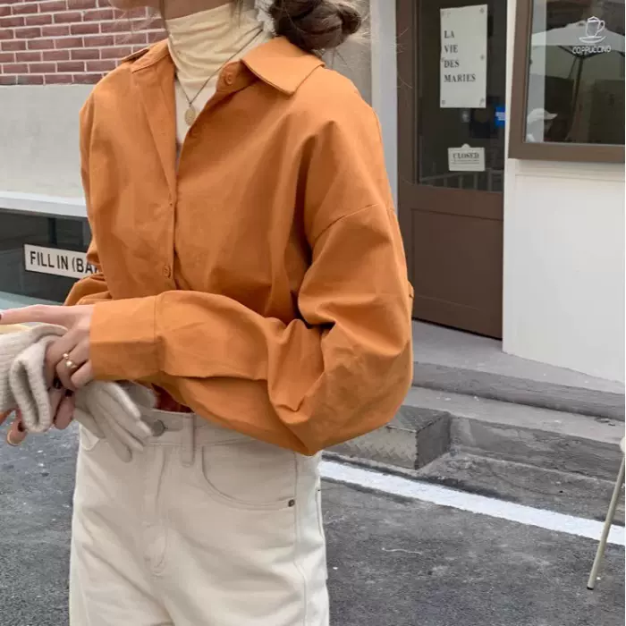 显白脏橘色衬衫女设计感小众纯色百搭宽松休闲翻领长袖衬衣上衣秋