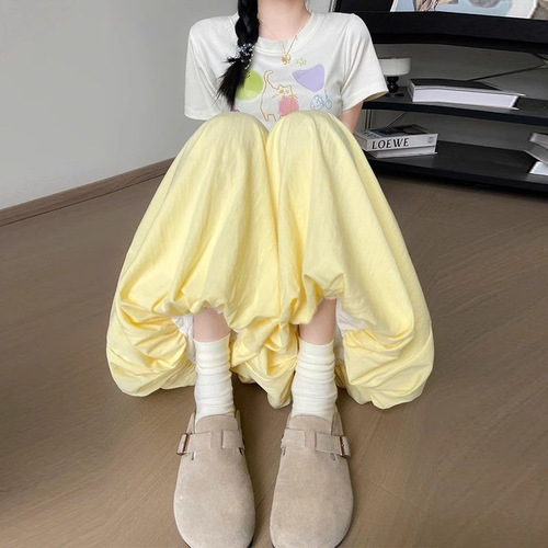 Women's Summer New High-Waisted Loose Slimming Sheer Leggings with Yellow Blossom Skirt, Casual Wide Leg Pants, Trendy