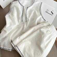 【现货】韩系简约撞色刺绣无袖睡衣女夏季新款短裤家居服套装外穿