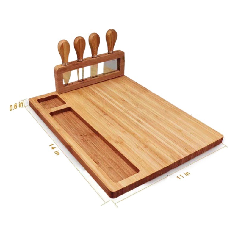 Tabla de cortar de bambú, para pan, frutas y mantequilla, juego de 4 piezas con cuchillo y tenedor, suministro en stock