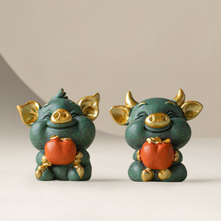 Bull Market Auspicious Gold Desktop Ornaments Green Sandstone Creative Home Decorations New Chinese Style National Trend Tea Pet Ornaments