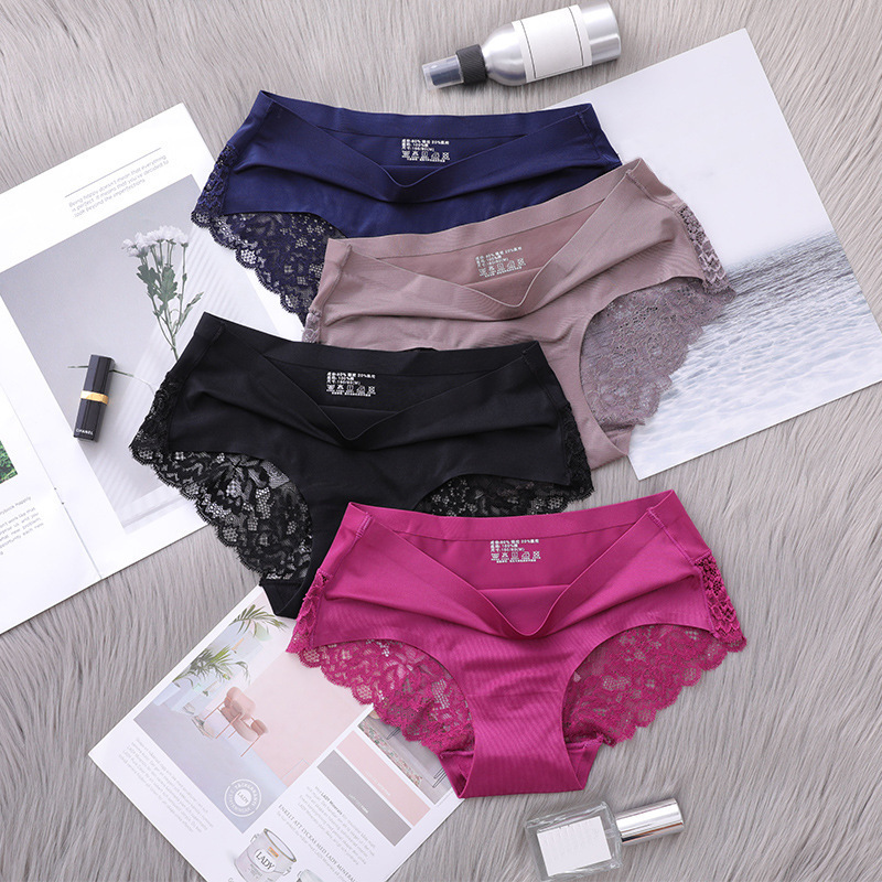 Traceless Underwear Women's Lace Solid Color Sexy One-piece Mid-waist Cotton Crotch Women's Underwear Comfortable Breathable Briefs