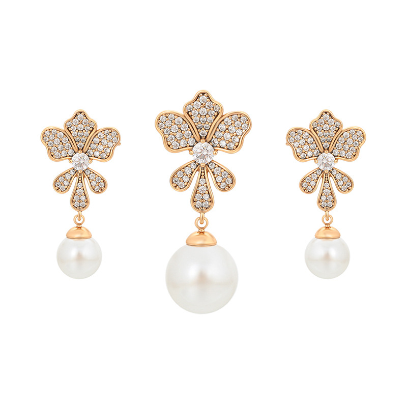 Xuping nicho retro aretes colgante conjunto de joyería aleación de cobre imitación de flores de perlas bordel joyería al por mayor mujeres