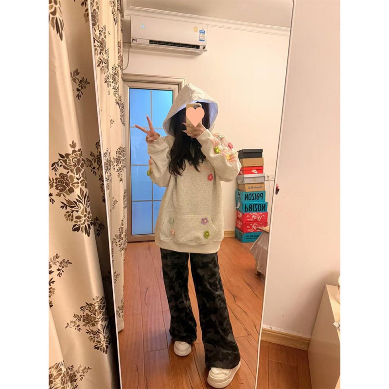 美式复古立体花朵刺绣连帽卫衣女春秋潮牌宽松休闲小个子百搭上衣|undefined