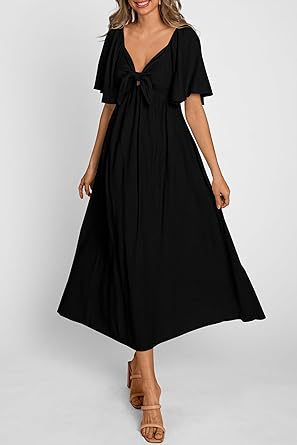 Bow V Neck Pleated Mid Length Short Sleeve Dress in Dresses