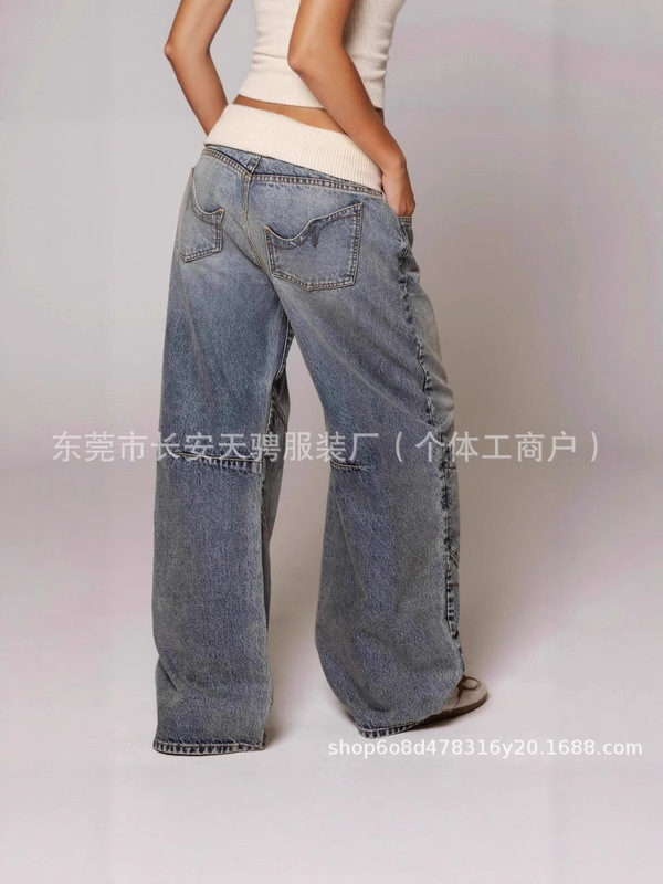 春秋季新款跨境亚马逊欧美风牛仔裤女装高腰阔腿宽松休闲直筒长裤|undefined