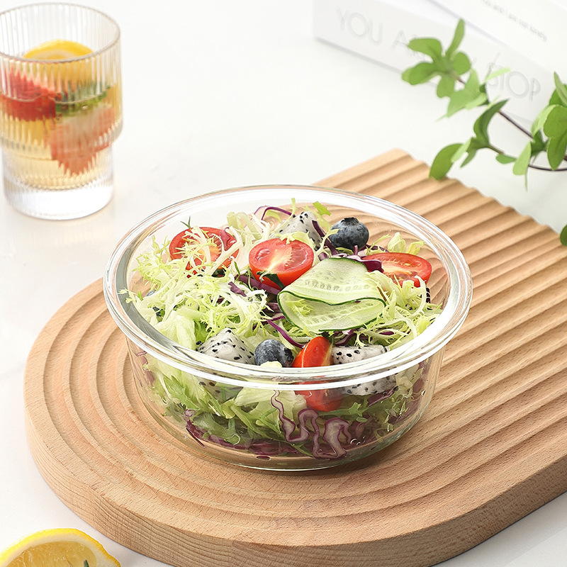 Caja de almuerzo de vidrio de borosilicato redondo trabajo horno de microondas caja de almuerzo resistente a altas temperaturas refrigerador crisper de vidrio fábrica en stock