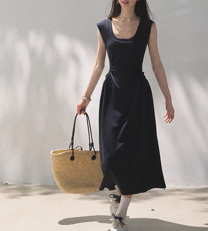 Oakmo Basic* Xiaodao's Summer Lyocell Uネック肌に優しいデイリー直角肩ウエストドレス|undefined