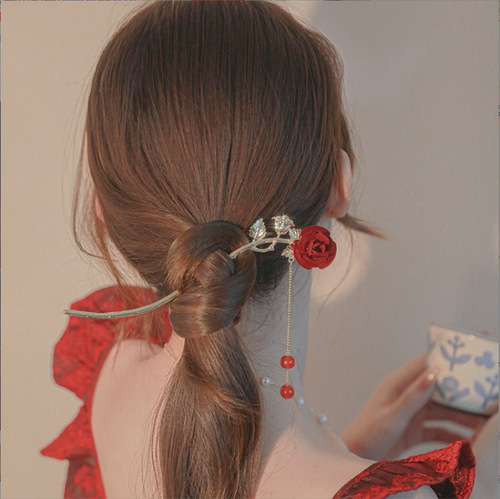 Temperament Chinese style rose hairpin, ancient style exquisite tassel hairpin, French retro Hanfu bridal hairpin, hairpin