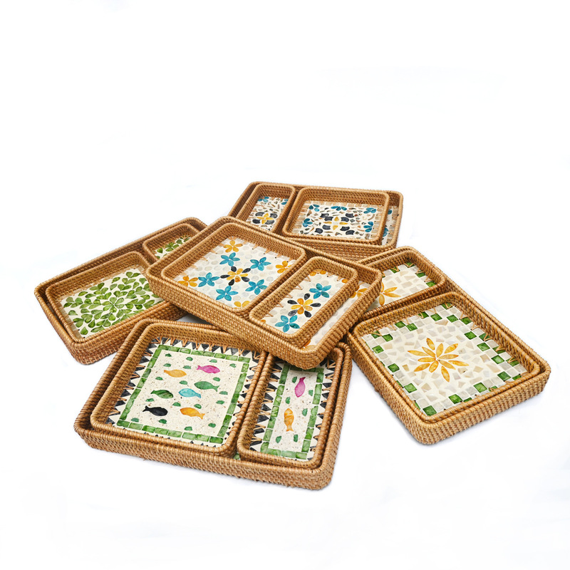 Vietnam handmade rattan shell tray household living room dessert fruit storage tea tray ins style tableware suit