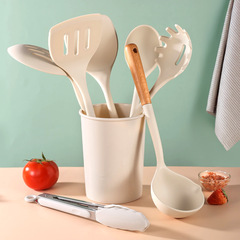 木柄キッチン用品8点セット ホワイトノンスティックシリコンスパチュラ 高温耐性シリコンポットスパチュラ スプーン キッチン用品セット