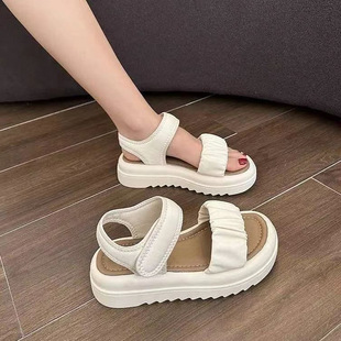 Thick-Soled Roman Sandals for Women 2025 Summer New Pleated Velcro Student Sports and Leisure Soft-Soled Beach Shoes for Women