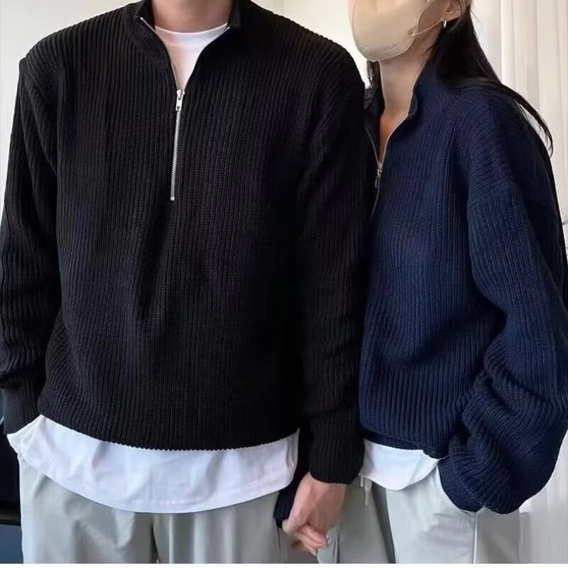 Autumn Half Zipper Design Abstinence Loose Sweater All-match V-neck Pullover Knit Control 2024 New
