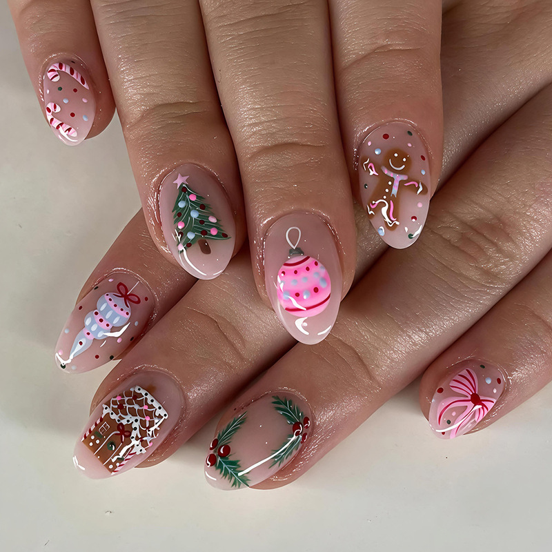 Cross-border Christmas nail art with gingerbread man, Christmas tree, gingerbread house, holly fruit, snowflake, and bow designs