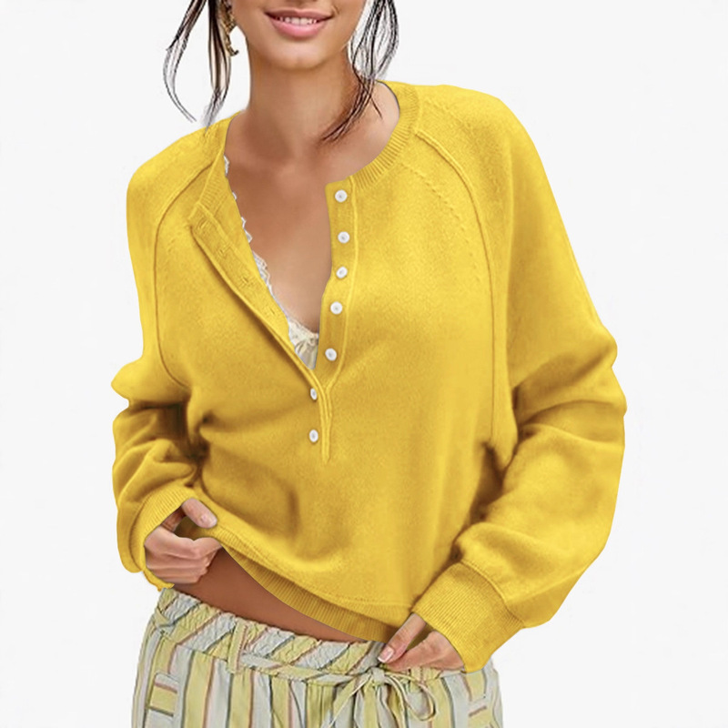 European and American Cross-Border Export Women's Clothing Autumn and Winter Women's Casual Round Neck Sweater Henry Shirt Button Knitted Pullover Top European and American Cross-Border Export Women's Clothing Autumn and Winter Women's Casual Round Neck Sweater Henry Shirt Button Knitted Pullover Top