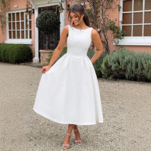 2024冬季新品简约知性纯色紧身收腰褶皱大露背拉链无袖连衣裙女