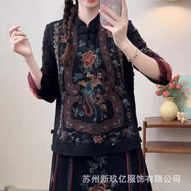 2025新款民族风重工艺凤凰刺绣无袖上衣 时髦文艺棉麻马甲女