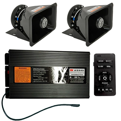 400W car-mounted wireless siren, car alarm system with loudspeaker, including a high-frequency speaker AS940A and a round-mouth speaker (Car horn/tweeter) - as940a-main-unit-square-speaker-set-12v
