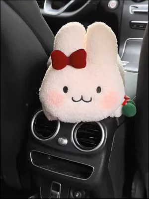 Car tissue box/set — Box Car Armrest Box Paper - hanging-tissue-box-scarf-with-red-bow-white-lying-rabbit-horizontal-style