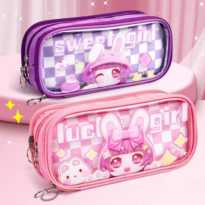 Трехслойная сумка-карандаш для девочек с героями мультфильмов, большая вместимость, канцелярские принадлежности для школьников младших классов, милый складной карман для канцелярских принадлежностей с сердечком для девочек, сестра