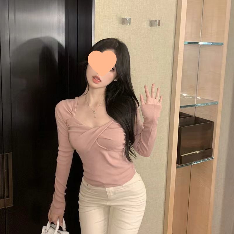 春季2025甜辣妹纯欲修身显瘦短款韩版小众v领长袖打底衫女装上衣|undefined