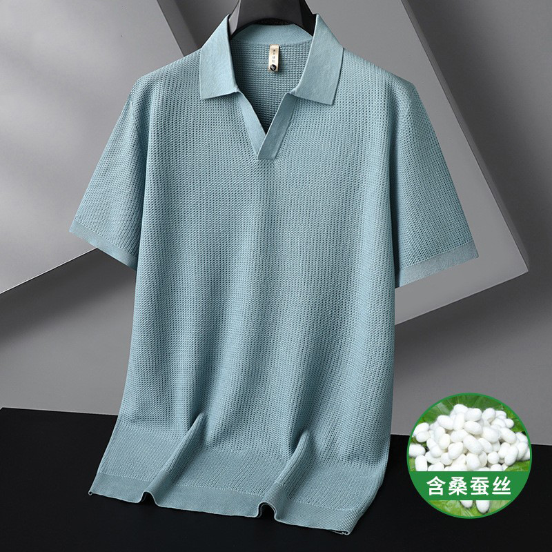 Fat Guy 2025 Knitted Shirt Half Sleeve Men's plus size with Mulberry Silk Scissors Collar Top Summer New Loose T-Shirt