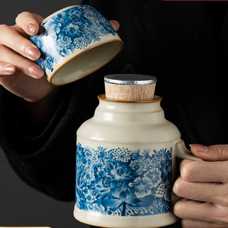 Ruyao Golden Thousand Flowers Small Warm Cup with Lid, Mark Cup, Large Capacity Ceramic Gift, Insulated Bottle, Tea Cup