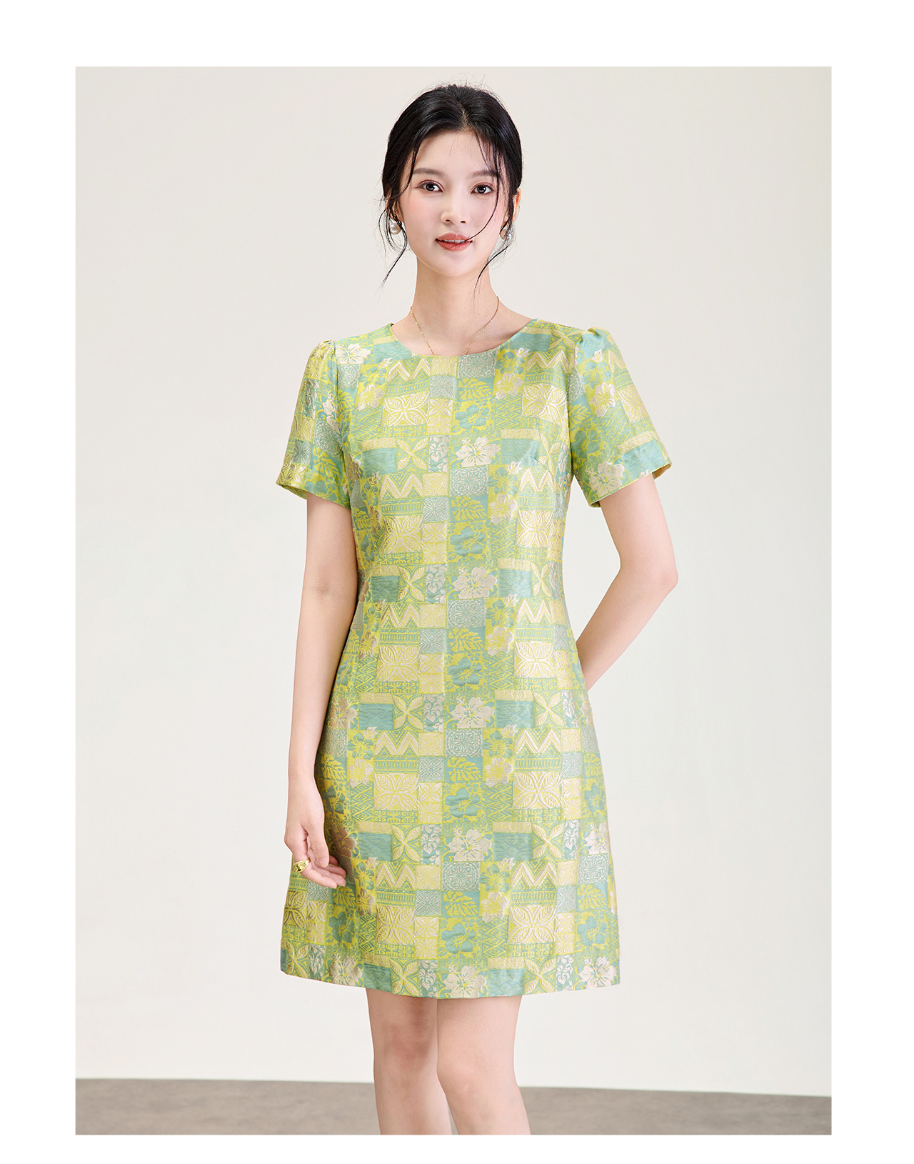 Đầm chữ A nữ jacquard họa tiết hoa nhí phong cách tiểu thư — màu hồng chi tiết 16