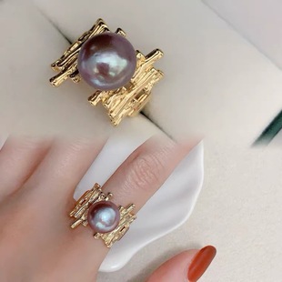 Natural Freshwater Demon Purple Pearl Copper Thick Gold Plated Irregular Folded Texture Ring Personalized Craft Unique Style