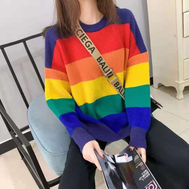 Rainbow Sweater Women's Loose Outerwear 2025 Autumn and Winter New Color Block Striped Thickened Sweater Jacket Women