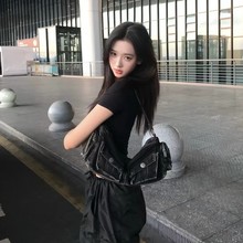 SK牛仔单肩包新款大容量复古做旧百搭腋下设计感女包