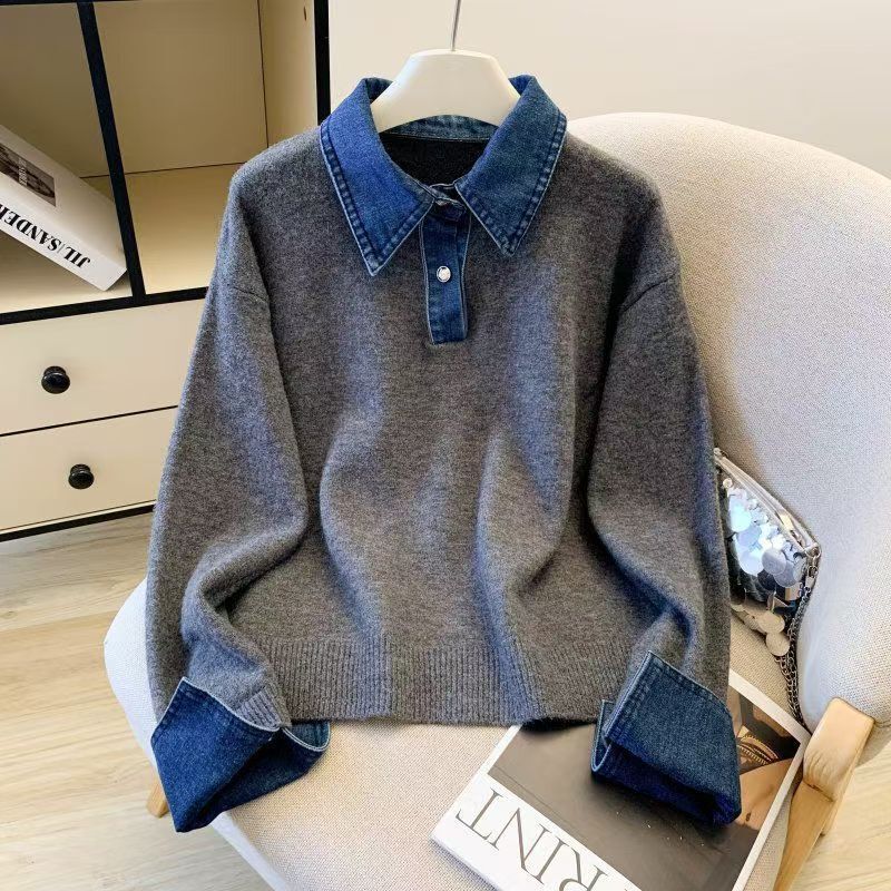 Denim shirt collar spliced fake two-piece sweater for women, autumn/winter 2026 new Korean chic high-end knitted jacket Denim shirt collar spliced fake two-piece sweater for women, autumn/winter 2026 new Korean chic high-end knitted jacket