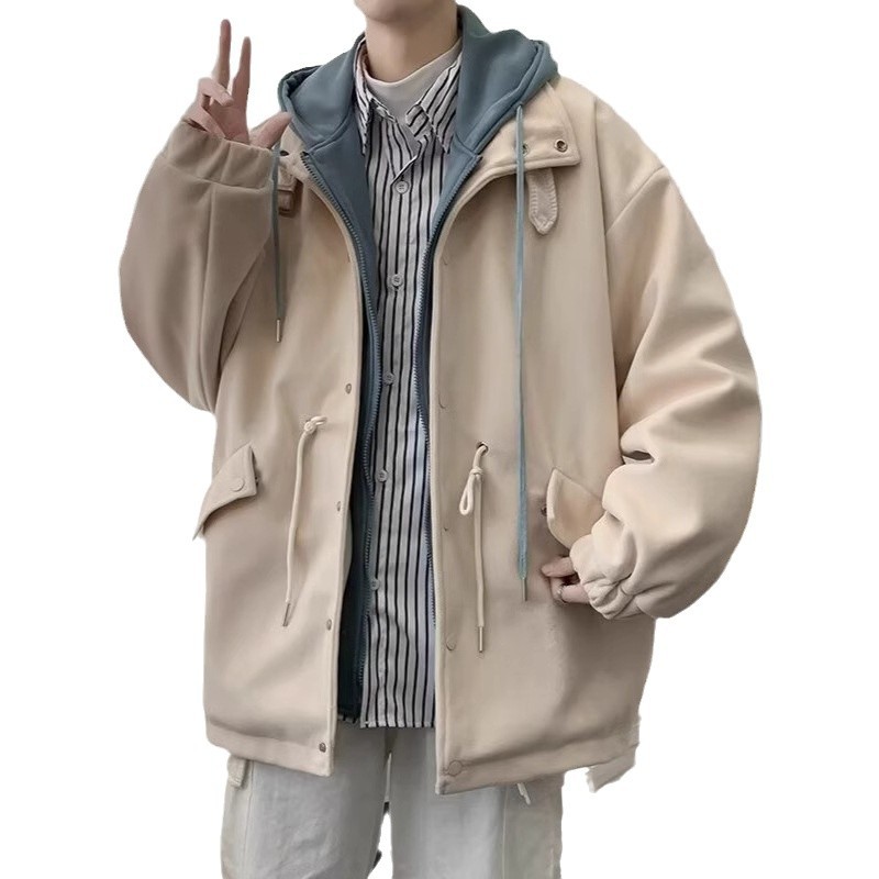 겨울 두꺼운 모직 코트 남자의 느슨한 가짜 투피스 후드 모직 코트 소년 트렌디 브랜드 윈드 브레이커 중간 길이