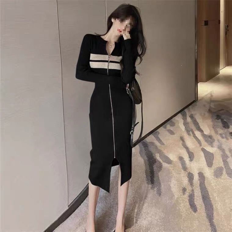 Knitted long dress sweater, bodycon, autumn and winter, slimming, over-the-knee, elegant black, slim-fit inner dress for women
