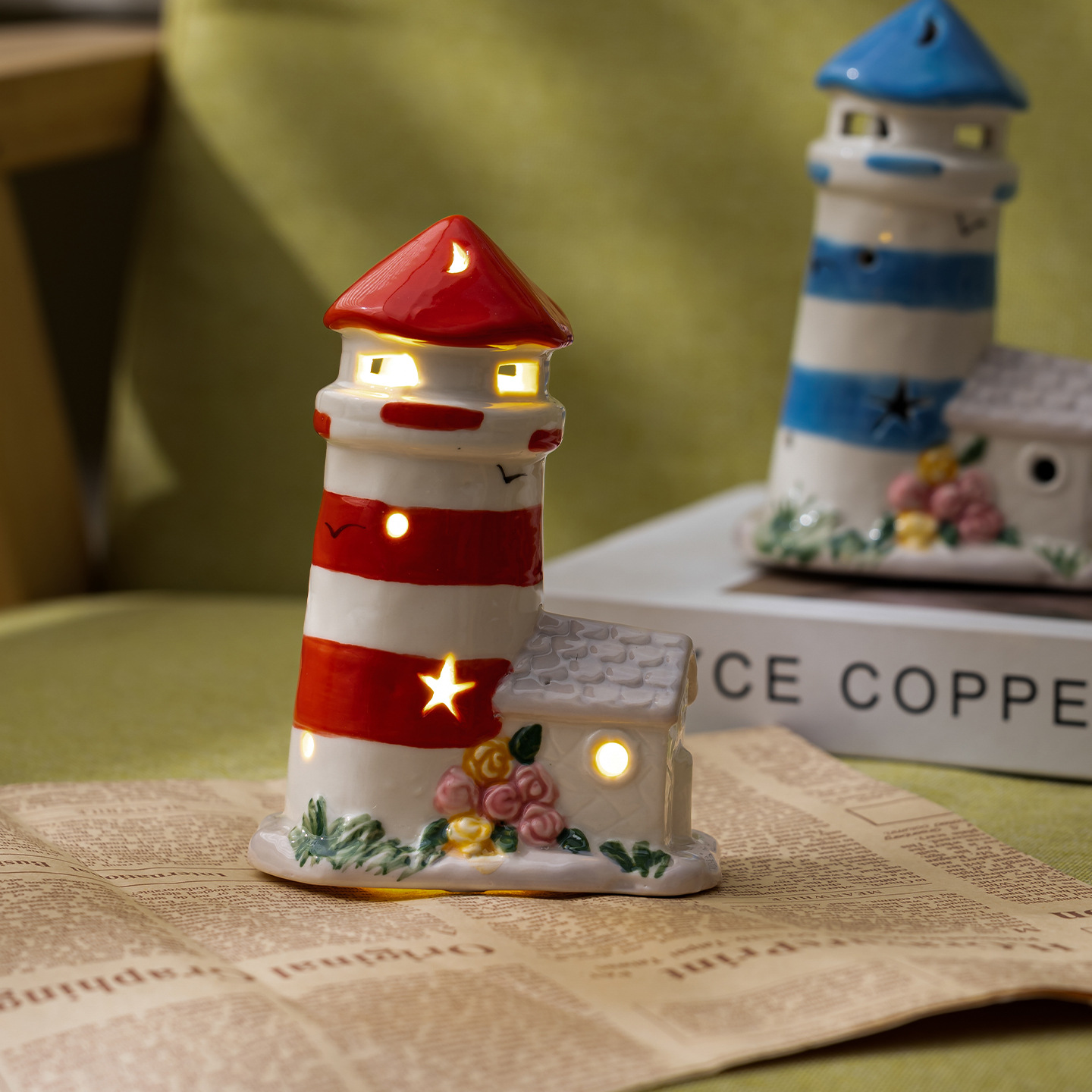 Mediterranean Ceramic Lighthouse Night Light Ornament That Can Illuminate the Desktop and Bedside, Cute Children's Bedroom Sleep Light Gift