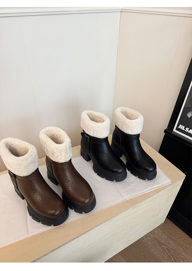 Boot tuyết nữ da thật cổ ngắn lót lông cừu, đế dày khóa thắt lưng gót vuông — màu nâu chi tiết 19