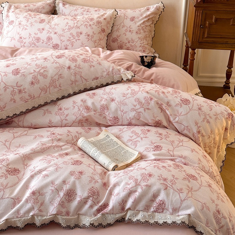 Nordic French Vintage Boho Class A 100% Pure Cotton Brushed French Vintage Lace Style Four-piece With Printed Duvet Cover And Bed Sheet 3-piece Set_voghion.com