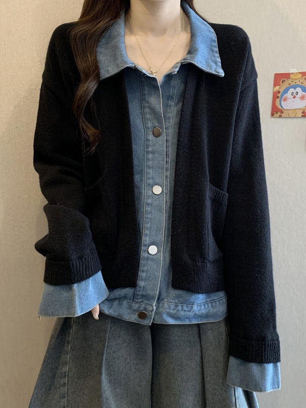 休闲风拼接牛仔假两件外套开衫女秋季微胖mm大码百搭减龄夹克上衣|undefined