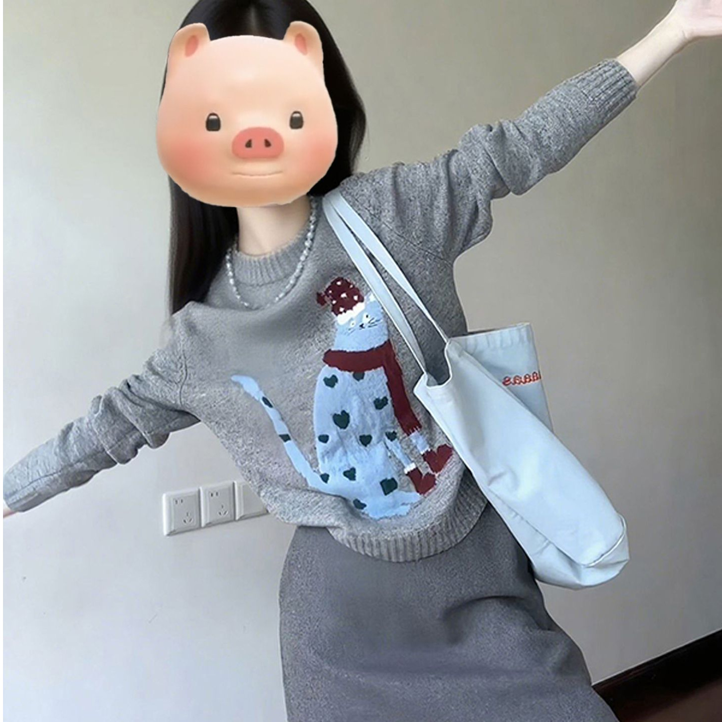 秋季新款慵懒风猫咪图案长袖针织衫女搭配小个子百搭毛衣女上衣