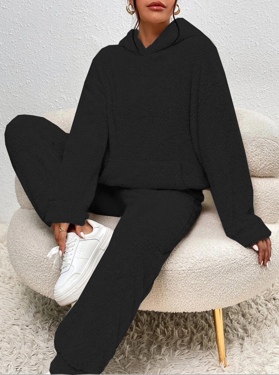 Cross-border Autumn Winter New European And American Casual Women's Clothing, Solid Color Plush Hooded_ecoleips.com
