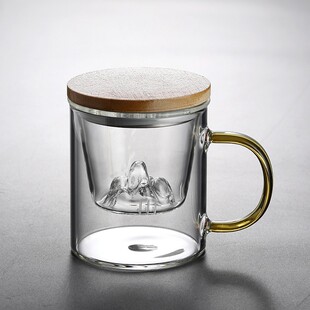 High Borosilicate Glass Three-Piece Cup High Temperature Resistant Tea-Water Separation Cup Office Bamboo Lid Filter View Mountain Tea Cup